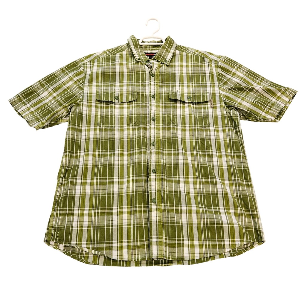 Wolverine Mens Green Plaid Short Sleeve Button Down Work Shirt Large 100% Cotton